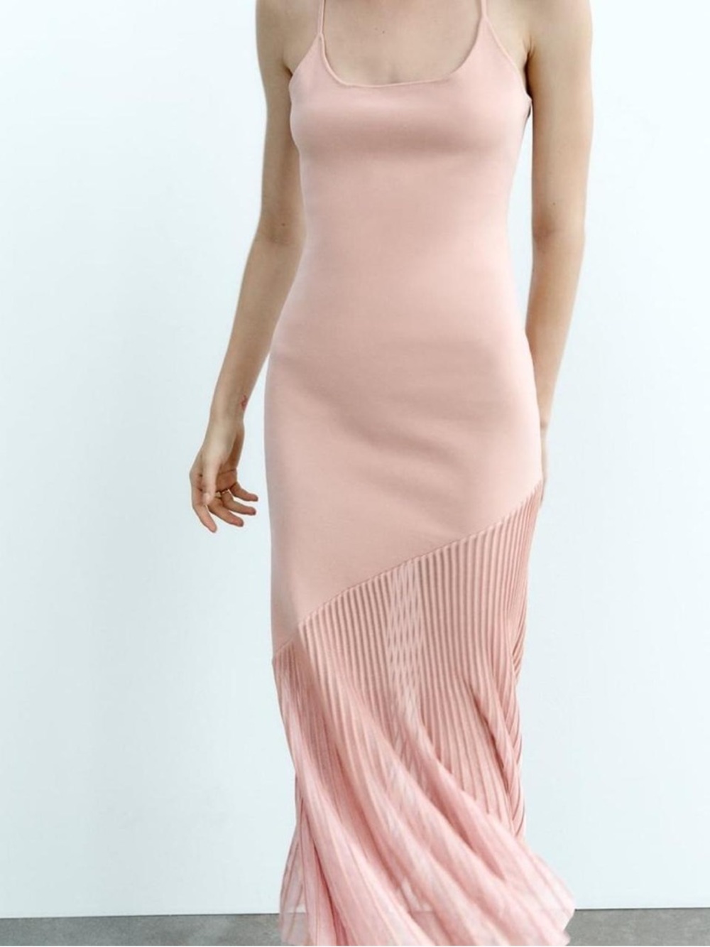 Zara Blush Pink Midi Slip Dress with Pleated Hem
